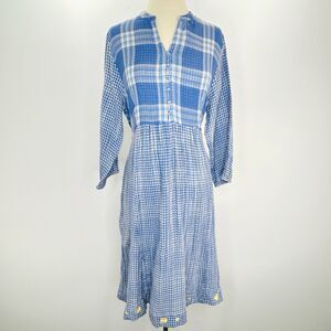 April Cornell Dress L Blue White Cotton Plaid Midi Y2K Cottagecore Boho Pockets